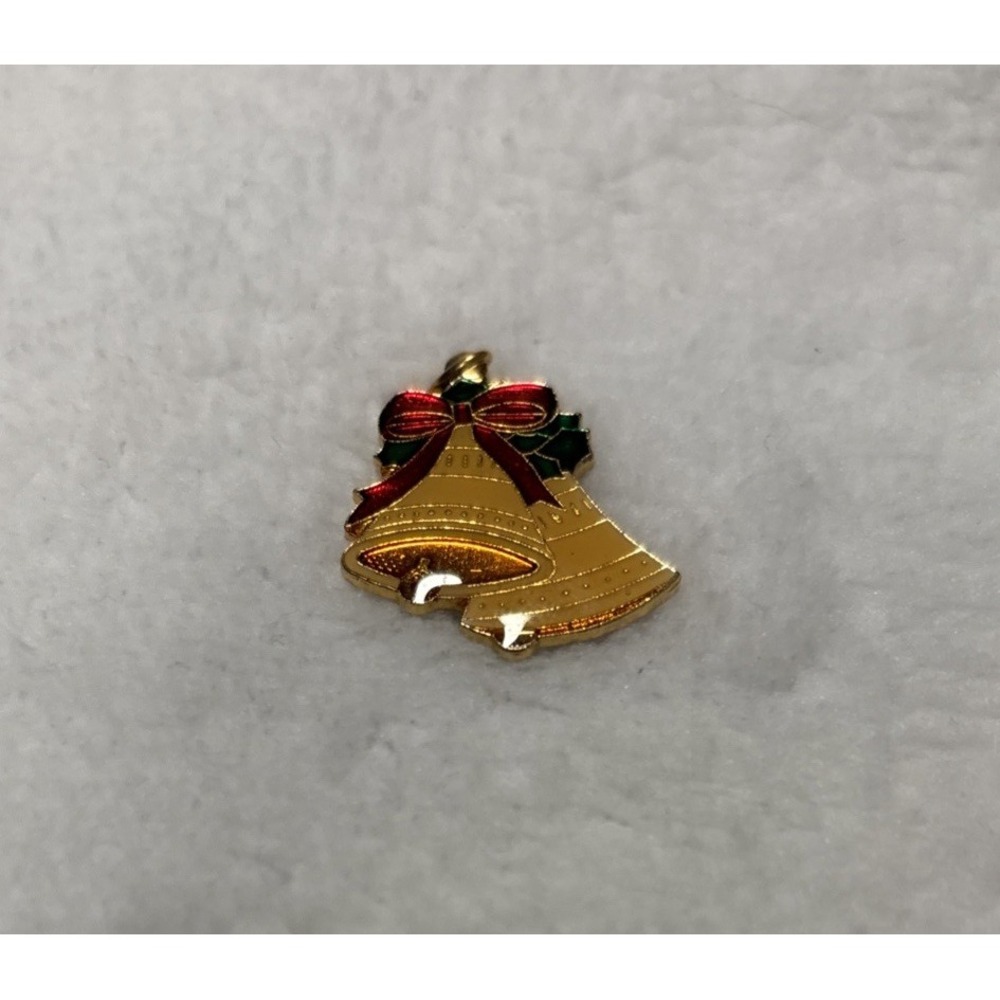 Vintage‎ Christmas Bells Enamel Pendant Charm Holiday Jewelry Red Bow Metal 1.5"